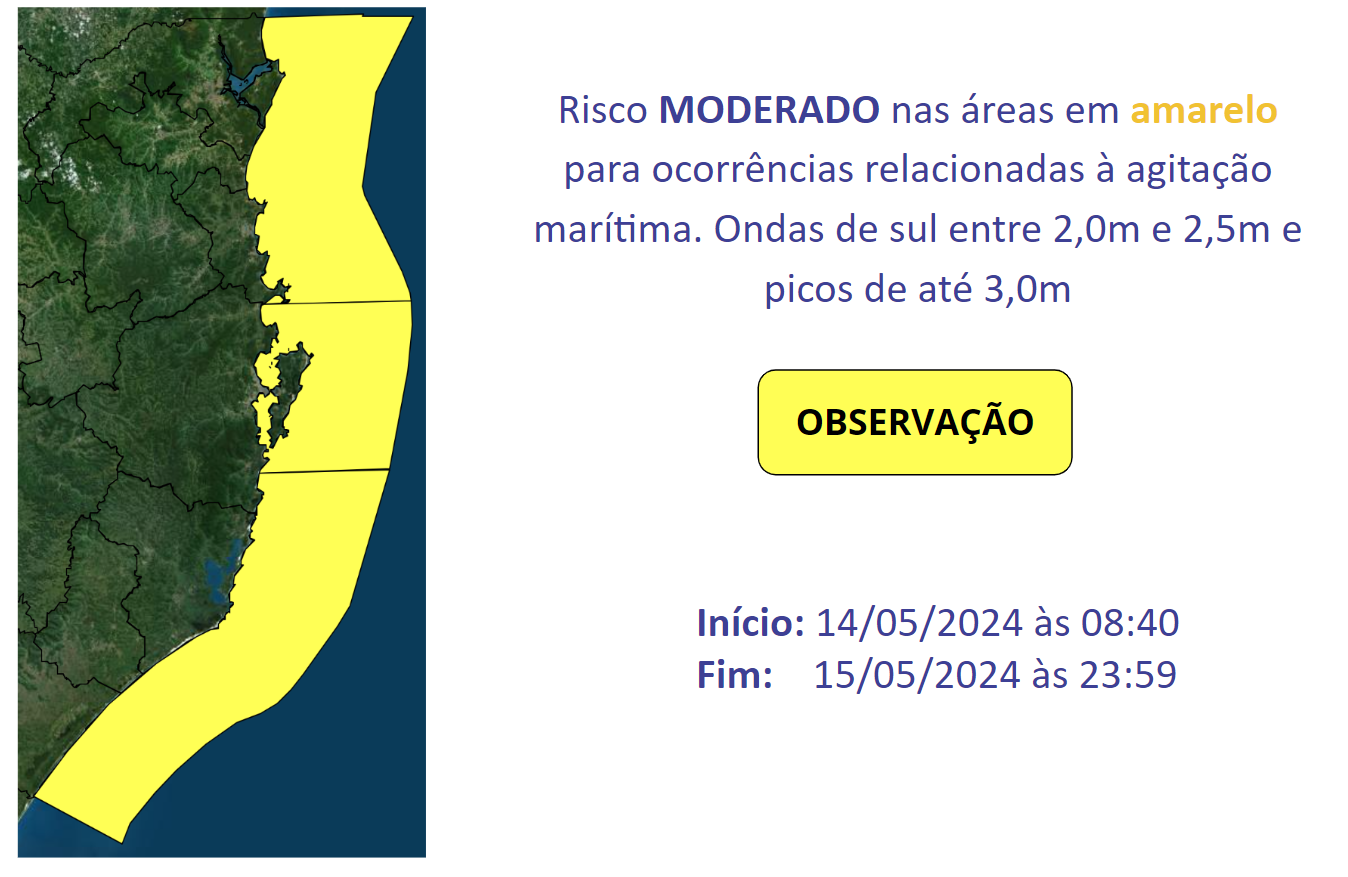 Atualização: Observação Marítima SDC/SC 14/05 09:00 – Mar agitado e risco de ressaca até quarta-feira (15)